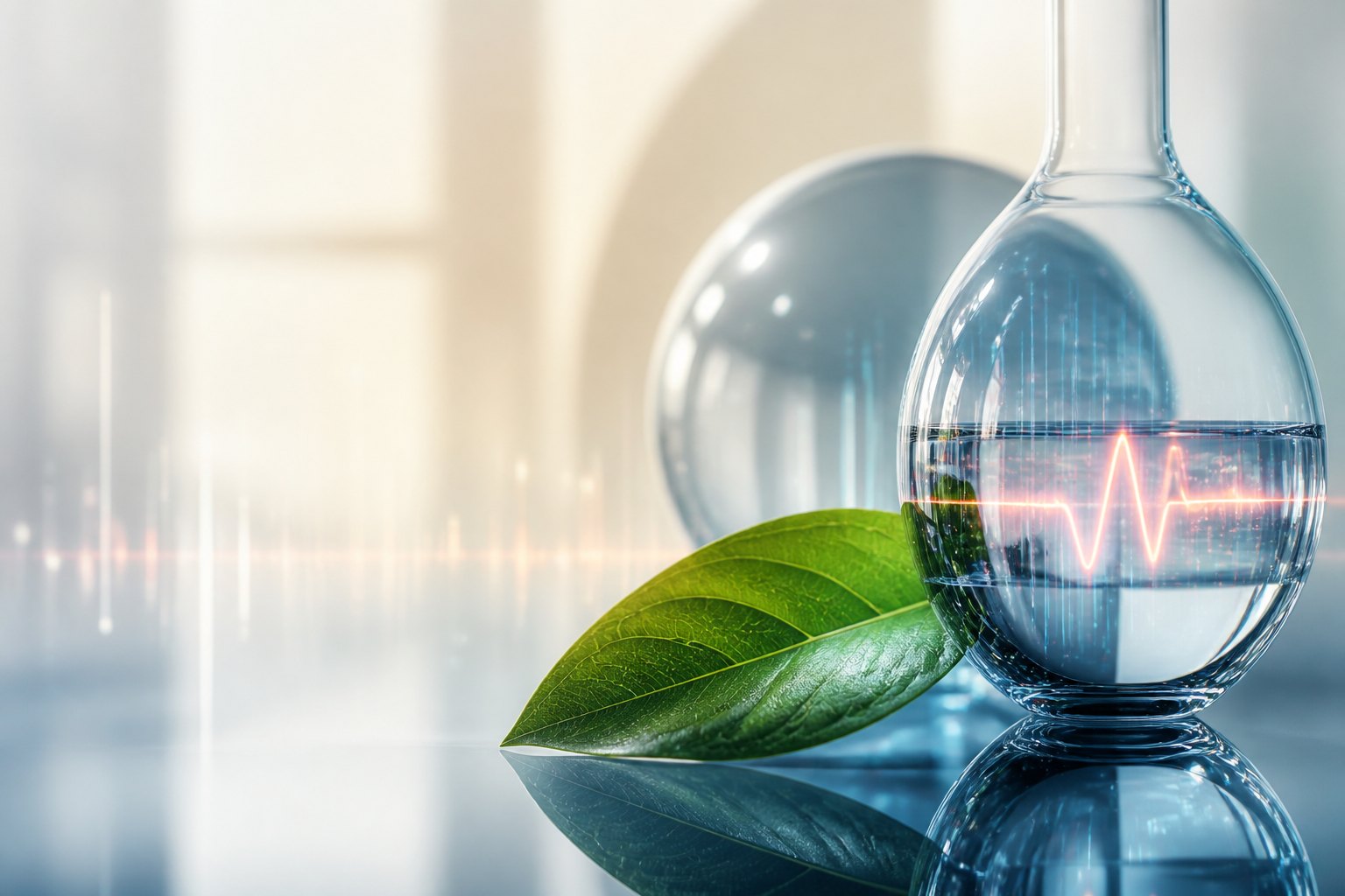 Glass medical vessel, green leaf and glowing health pulse representing responsible health innovation